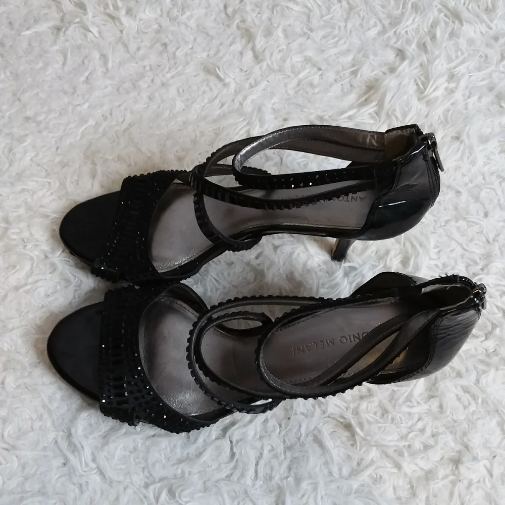 Antonio Melani black crystal embellished strappy heels size 9M - Picture 2 of 10